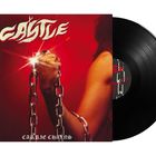 Text: "CASTLE" und "CARRIE CHAINS". Eine Hand hält metallene Ketten, strahlendes Licht, roter Hintergrund. Schallplatte sichtbar.