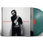 Texte: BLAUDZUN BEST OF. Ein verschwommenes Foto einer Person mit Brille, zwei türkisfarbene Schallplatten.