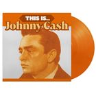 Texte: "THIS IS... Johnny Cash". Illustration, zeigt eine Schallplatte mit orangefarbenem Cover und Portrait einer Person.