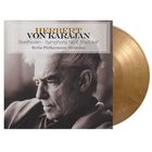 "Herbert von Karajan, Beethoven - Symphony No. 6 'Pastoral', Berlin Philharmonic Orchestra." Schwarzweiß-Foto eines ernst blickenden Mannes, goldenes Vinyl im Hintergrund.
