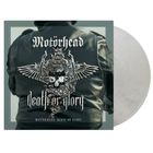 „Motörhead“, „death or glory“. Ein Lederjacken-Rücken mit einer metallischen, geflügelten Schädel-Illustration.