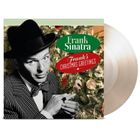 „Frank Sinatra“, „Frank's Christmas Greetings“; Schwarz-weiß Foto, Mann mit Hut vor geschmücktem Weihnachtsbaum.