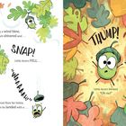 Texte: "SNAP!", "THUMP!", "Little Acorn blinked. 'Oh no!'" Illustration: Kleine Eichel fällt durch bunte Herbstblätter.
