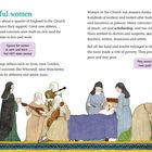 Text beschreibt mächtige Frauen der Kirche, ihre Arbeit und Gelübde. Illustrationen zeigen Nonnen in verschiedenen Tätigkeiten.