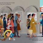 Zwei Texte: „When they arrived, there was a big crowd of people. ‘I don't think I like it,’ said Maudie.” und „‘We're together, Maudie,’ Chip said gently. ‘It'll be all right, you'll see.’“   
Illustration von Menschen in einer Schlange mit einem Mann am Ende in blauer Uniform.