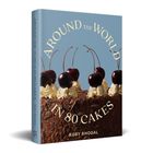 Buchtitel: "Around the World in 80 Cakes" von Ruby Bhogal. Ein Schokoladenkuchen mit Sahne und Kirschen oben.
