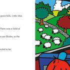 Text: "As they drove over the rolling, green hills, Little Miss Sunshine announced, 'Wales!' Mr Muddle was puzzled."

Rechts ist eine Illustration mit Cartoon-Charakteren in einem Bus, die auf eine Landschaft voller Schafe blicken.