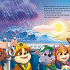 Der Text beschreibt ein Abenteuer der PAW Patrol in einem Sturm. Mehrere Hunde in Uniformen und ein Junge steuern ein Schiff.