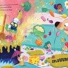 Text: "I'm a cooking fairy and I'm stirring more and more, Oh no! The pot's exploding, spilling food across the floor. SPLUUURGE!"  
Illustration: Eine bunte, chaotische Szene mit fliegendem Essen, einer Fee, einem Hund und entzückten Charakteren.