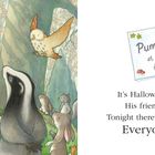 "Pumpkin Party at my hut tonight. All welcome!" Links: fröhlicher Mann mit Tieren; rechts: Einladungstext.