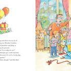 Ein Bär hält ein Geschenk mit der Aufschrift "Magic Set". Menschen lächeln und halten Grußkarten.