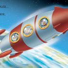 Text: "I love space because... rockets travel there." Illustration mit Rakete, drei Tieren drinnen, Erde, Mond und Satellit.