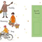 Illustration von Menschen und einem grünen Tür: Links steht "Friends and family". Daddy, Mummy, girl, boy, cat. Rechts: "Knock, knock!".