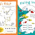 Links oben: "Who's this?". Rechts oben: "Fishing frenzy!". Linke Seite: Punktebild eines Elefanten. Rechte Seite: Viele bunte Fische.
