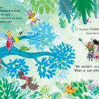 Texte: "We start in the enchanted woods... a sparkly, giggly sight!" "Come to our party! Please join us if you can!" "We wouldn't miss it! the fairies cheer. What a marvellous summer plan!" 

Illustration mit Feen, Tieren und einer Waldszene in lebhaften Farben.