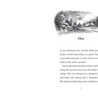 "One" steht über einem Text über Weihnachtsabend und Irina. Oben eine winterliche Illustration mit schneebedeckten Bäumen.