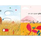 Text: "Some swishing grass" und "on an open plain." Illustration: Löwe im hohen Gras; Zebras auf einer Savanne mit Bäumen.