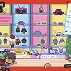 Text "Shopping in style". Diverse Kleidung und Accessoires in einem Schaufenster. Fröhliche Cartoon-Figuren.