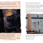 Text beschreibt Blitzeinschlag in eine Kirche und das Auftreten eines Hundes namens "Black Shuck". Eine Zeichnung zeigt stürmische Nacht, ein weiterer Bildausschnitt zeigt Holztür mit Brandspuren.