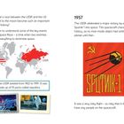 Text über das Rennen zum Mond zwischen USA und UdSSR. Illustration von Sputnik 1 und einer Weltkarte mit beiden Ländern.