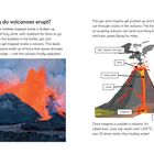 „Why do volcanoes erupt?“ erklärt das explosive Wachstum von Gas und Magma. Links ein Foto eines Vulkanausbruchs, rechts eine Vulkanillustration mit Beschriftungen wie „ash, steam and gas“, „lava“, „main vent“, „cone“, „magma“ und „crust“.