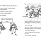 Seite mit Text und zwei Illustrationen. Links: zwei Spielfiguren mit Umhängen. Rechts: Figuren rennen mit Tieren und Robotern.