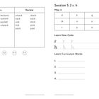 Text: "Summary", "e, u", "Review", "Session 5.2 r, h", "Map it", "Learn New Code", "Learn Curriculum Words".  
Tabelle mit Wörtern und Buchstaben, Darstellungen von traurigem bis fröhlichem Gesicht.