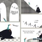 Texte: "Where is it coming from, Duck?", "Nope. Not here.", "They search the castle from the top... to the bottom.", "There are rooms they have never been in before.", "Quack!". Illustration zeigt eine Person mit Ente.
