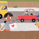 Illustration einer Straße: Ein gelber Bus mit der Nummer 7, Menschen und ein rotes Auto mit Fahrerin und Hund. Eine Frau mit Einkaufstüte.