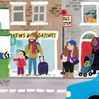 Bushaltestelle A, News & Magazines, Grocer's. Menschen warten, grüner Bus, Auto, Kind im Kinderwagen, Regen, Katze am Fenster.