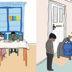 Links: Eine Familie am Esstisch mit Kartons. Rechts: Mutter mit Kindern, eines im Kinderwagen, bereit zum Gehen.