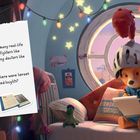 Ein Brief an Tante Lucy beschreibt Helden wie Feuerwehrleute und Doktoren. Ein Bär trägt einen Helm und liest im Raum.