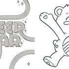 "CHEER BEAR" in großen Buchstaben, geschmückt mit Linien und Sternen. Illustration eines lächelnden Bären mit Herzen.