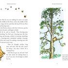 Text: Der Bär Winnie-the-Pooh überlegt, warum ein summendes Geräusch da ist. Illustration: Pooh klettert auf einen Baum.