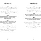 6 January: Ereignisse von 1066 bis 1852. 7 January: Ereignisse von 1714 bis 1999.
Zwei Spalten mit historischen Daten.