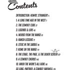 "Contents" oben links mit Cowboyhut. Kapitelüberschriften zu Cowboy-Themen mit Seitenzahlen. Unten rechts Schlangenillustration.