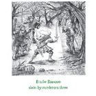 "B is for Banquo, slain by murderers three." Illustration zeigt drei bewaffnete Männer im Wald umzingeln Banquo.
