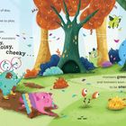 Text beschreibt einen windigen Tag mit vielen Monstern im Wald. Illustration zeigt bunte Monster unter Bäumen.