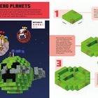 "MOB-HEAD PLANETS", "DIFFICULTY:", "1 hr". Anleitung in drei Schritten, grüne Blöcke in Form eines Creeper-Kopfes bilden Planeten.