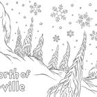 "Just north of Who-ville" steht unten. Eine Kreatur schaut aus einer Höhle auf schneebedeckte Hütten und Schneeflocken.