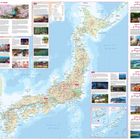 "Rail Map of Japan" mit Textblöcken zu Städten und Reiserouten. Karten zeigen Zuglinien auf den japanischen Inseln.