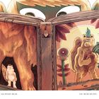 "The Pigmy Bear: The Bear-Me-Pig." Illustration eines Wesens, das ein Buch mit Bildern von Tieren hält.
