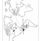 Beschriftung: Kanada, Toronto, Costa Rica, Cartagena, Kolumbien, Cuzco Peru, Frankreich, Belgien, UK. Karte mit Reiserouten.