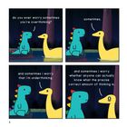 Vier Illustrationen mit einem grünen Dinosaurier und einer gelben Ente. Sie diskutieren über ihre Sorgen beim Denken.