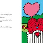 Text: Little Miss Valentine was busy, delivering cards, living in Cupid Cottage. Illustration: Rote Figur, herzförmiges Haus, Baum.
