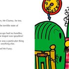 Der Text beschreibt Mr. Fussy, der seinen Cousin Mr. Clumsy besucht und die Unordnung bemerkt. Rechts eine bunte Illustration.