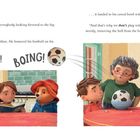 Text: Paddington fragt nach dem Spiel, Jonathan freut sich. Ein Ball trifft die Schüssel, Mrs. Bird erklärt, warum nicht drinnen spielen.

Illustration: Kinder, ein Bär und Mrs. Bird in einer Küche, ein Ball, Schüssel.