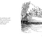 Text: „Toad is rather rich...“ und ein Schild „PRIVATE NO LANDING ALLOWED.“ Illustration: Herrenhaus am Fluss, Ruderboote, Bäume.