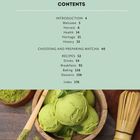 "CONTENTS: INTRODUCTION, RECIPES, Index. Grünes Matcha-Eis in einer Schale mit Löffel und Bambusbesen daneben."