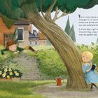 Text: "This is a story about something that happened long ago."  
Illustration: Ein Junge klettert über eine Gartenmauer, ein Mädchen steht träumend am Baum. Häuser und Pflanzen im Hintergrund.